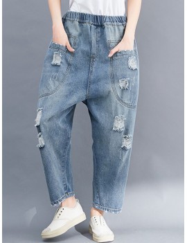 Solid Color Elastic Waist Casual Ripped Jeans For Women