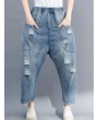 Solid Color Elastic Waist Casual Ripped Jeans For Women