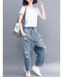 Solid Color Elastic Waist Casual Ripped Jeans For Women