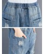 Solid Color Elastic Waist Casual Ripped Jeans For Women